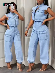 Elegant Fashionable Women's Summer Workwear Style Sleeveless Zipper Leg Jeans Romper, Adjustable Waist Tie, Stylish and Comfortable Design, Womenswear, Casual, Overalls