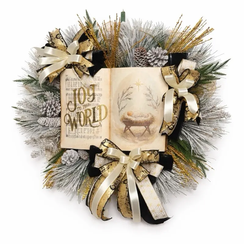 Joy to the World Christmas Wreath, Nativity Wreath, Christian Christmas Decor, Gold Black Holiday Wreath