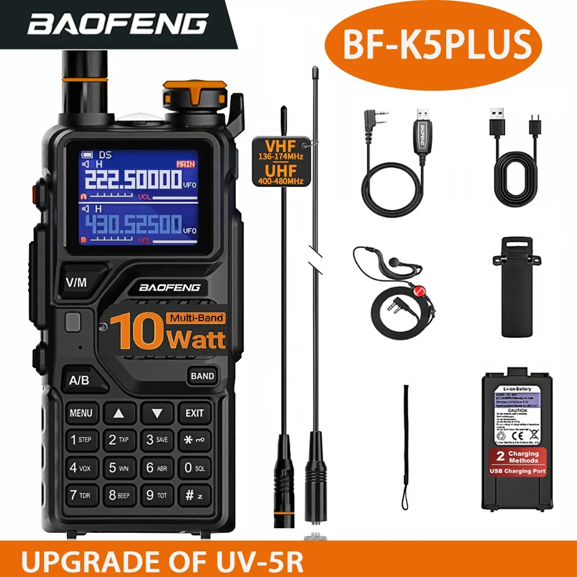 Baofeng K5plus 10w Rechargeable Two-Way Radio, Portable Walkie Talkie, 2500mah Battery, Handheld Dual Band Noaa Weather Radio, USB-C Charging for Hunting Survival Gear Rechargeable Walkie Talkies