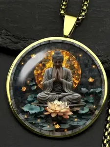 2D Flat Design, 1 Serene Buddha Meditation Necklace - Alloy and Glass Bead Convex Pendant, Spiritual Buddhist Accessory, Vesak Day/Thanksgiving/Birthday Gift, Elegant Meditation Necklace