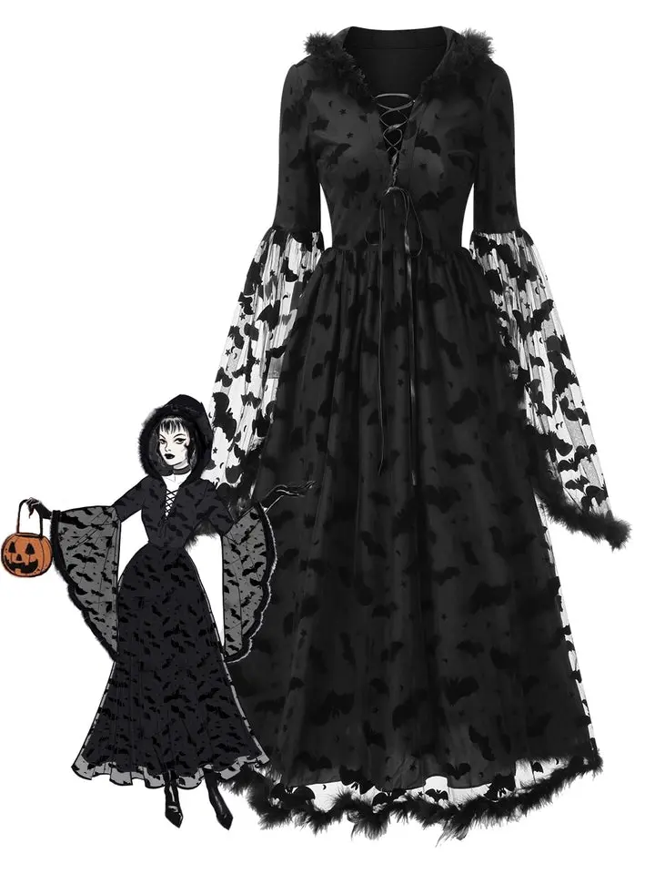 RETRO STAGE Women's 1940s Black Bat Mesh Raw Hem Witch Cape Dress with Lace, Zipper - Polyester Spandex Halloween Costume