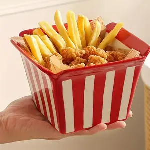 Cartoon Striped Ceramic Fries Bucket, 25.36oz Popcorn Container, Ideal for Home Movie Nights & Snacks, Perfect for Organizing Your Space