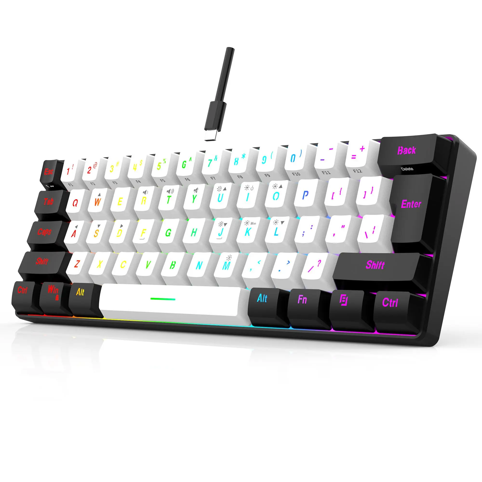 60% Wired Gaming Keyboard, 61 Keys RGB Backlit Ultra-Compact Small Gaming Keyboard, for Gamer, Typist, Travel, Easy to Carry on Business Trip(Black-White)