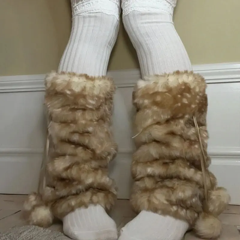 Winter Faux Fur Plush Deer Leg Warmers Kawaii Furry Boots Socks Cover Punk High Boots Socks Performance Costume Leg Warmers
