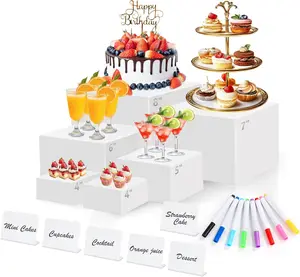 6 Pcs White Acrylic Buffet Risers with Mini Sign and Maker,Food Display Stands for Buffet Table Party Catering Dessert Jewelry Collectibles,Nesting Cube Boxes with Hollow Bottoms,Tools & Hardware ﻿