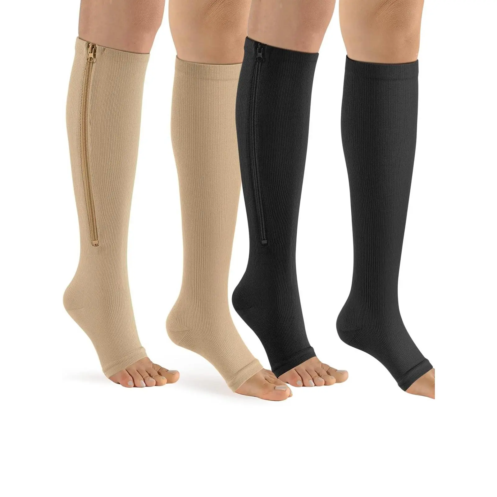 Unisex Adults' Zipper Compression Socks - 4 Pairs Open Toe 20-30mmHg Compression Stockings with Anti-Slip Band, Arch Support, Athletic Socks for Running, Sport, Copper Infused