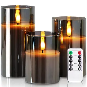 Grey Glass Flameless Candles, Battery Operated LED Pillar Candles with Remote Control and Timer, Radiance Candles, Real Wax, Set of 3,D3 xH4 5" 6" Decor Switch Table Ornaments Light
