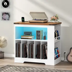 HOOBRO Large Record Player Stand with Charging Station & LED Lights, Vinyl Record Storage Cabinet with 21 Color Light Strip, Turntable Holder for Living Room, Bedroom, Walnut and White#SpringSale #BigSpringSale