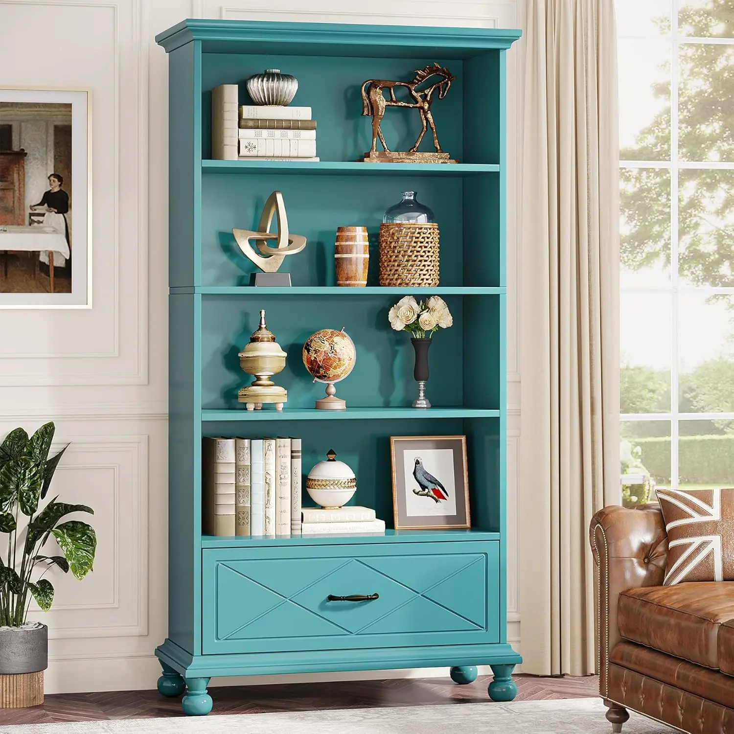 LITTLE TREE 6-Shelf Bookcase with Drawer, 71 Inch Tall Floor Standing Bookshelf with Solid Wood Legs, 6-Tier Large Open Display Storage Book Shelf for Living Room, Home Office