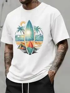 Men's Surfing Beach Print T-Shirt - Hawaiian surfboard, palm tree, and wave pattern paired with teal ocean color blocks - Gray summer casual short-sleeve crew neck shirt, suitable for surfing, vacations, and everyday wear - Couple's style