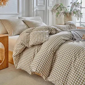 Grid  Duvet Cover Set - Tan Gingham Washed Microfiber Comforter Cover Set, 3 count Plaid Checkered Soft Reversible Bedding Set(Tan,)