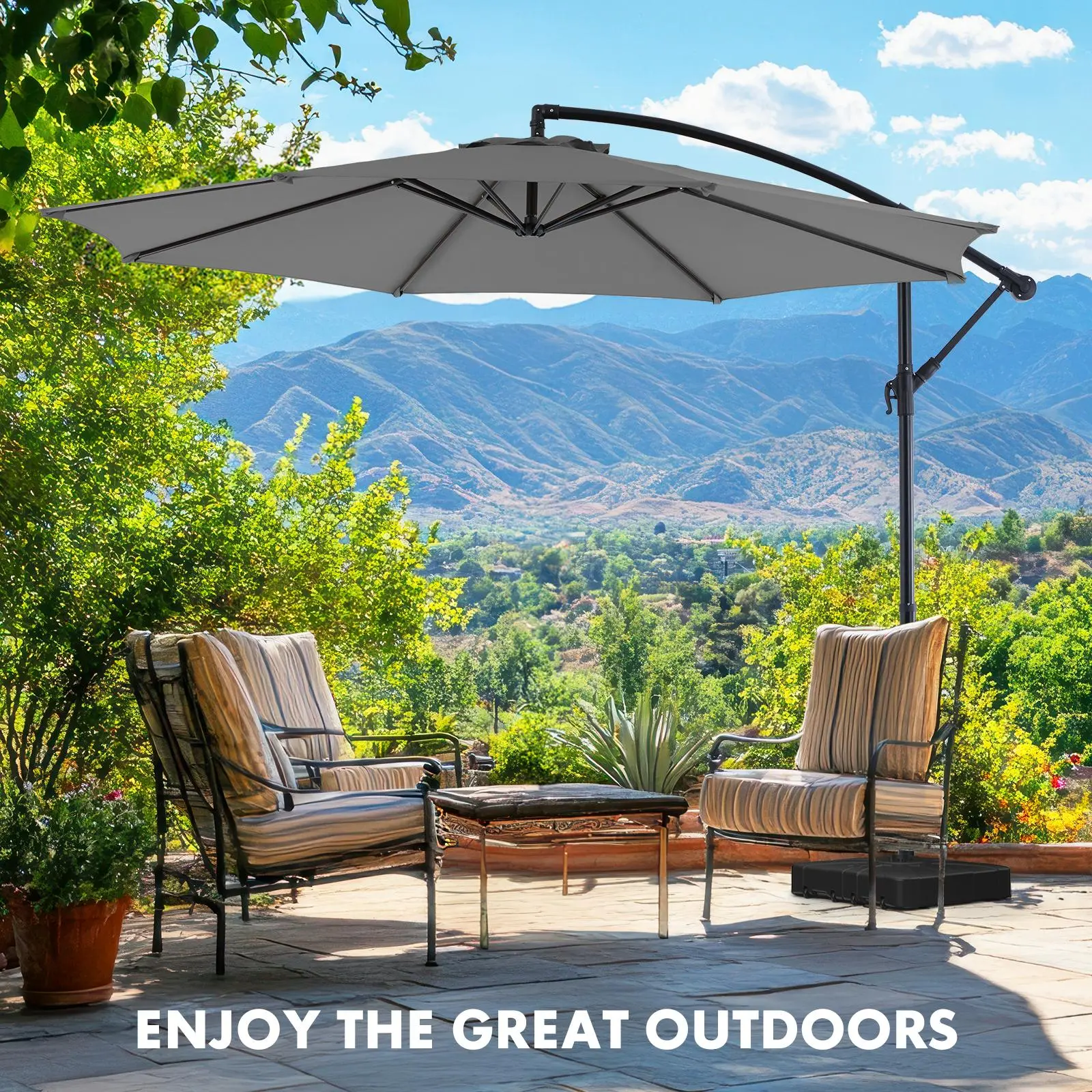 Sweetcrispy Metal Offset Cantilever Patio Umbrella - Sturdy 8-Rib Steady Hold UV Protection Umbrella with 0–35° Tilt Adjust, Polyester Canopy, Outdoor Sunshade for Patio, Poolside