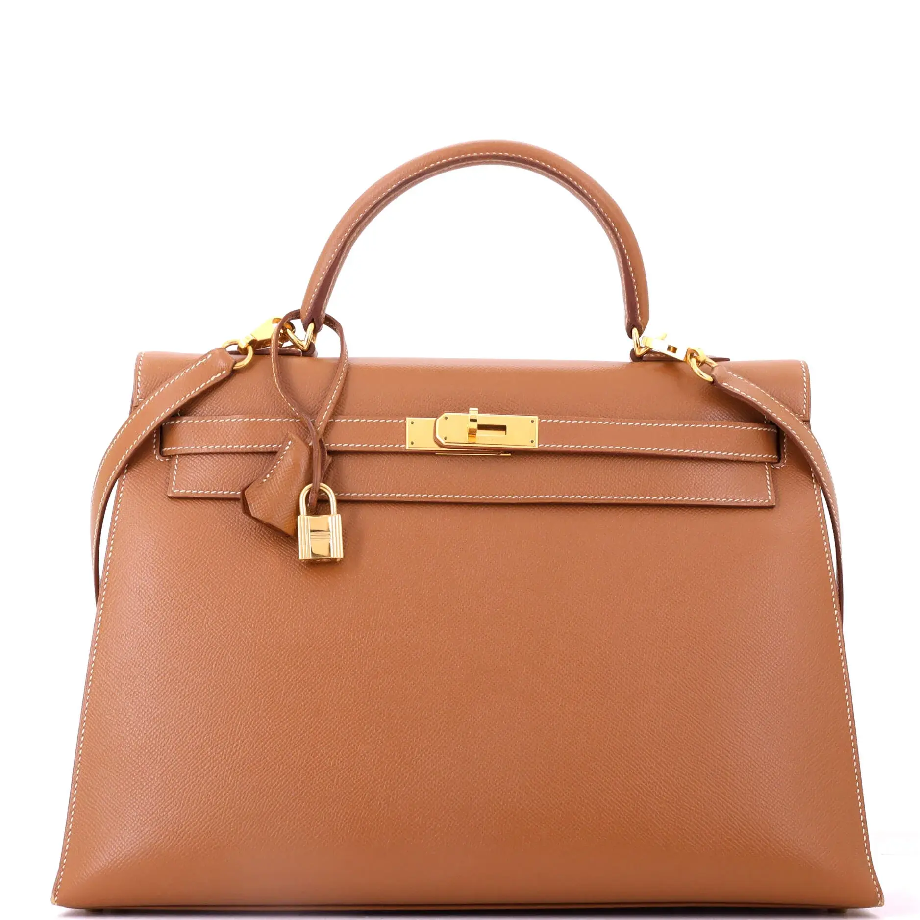 Pre-owned HERMÈS Leather Top Handle Bags Hermes Kelly Handbag Gold Courchevel with Gold Hardware 35 by Rebag