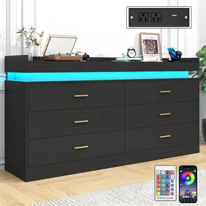 Dresser with LED Light and Charging Station, Modern Chest of Drawers for Closet, Wide Drawer Organizer Cabinet for Bedroom, Living Room, Entryway, Hallway