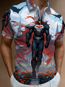 Short Sleeve Polo Shirt with Anime Style Print for Men, Casual Trendy Summer Wear, Super Hero Pattern Design
