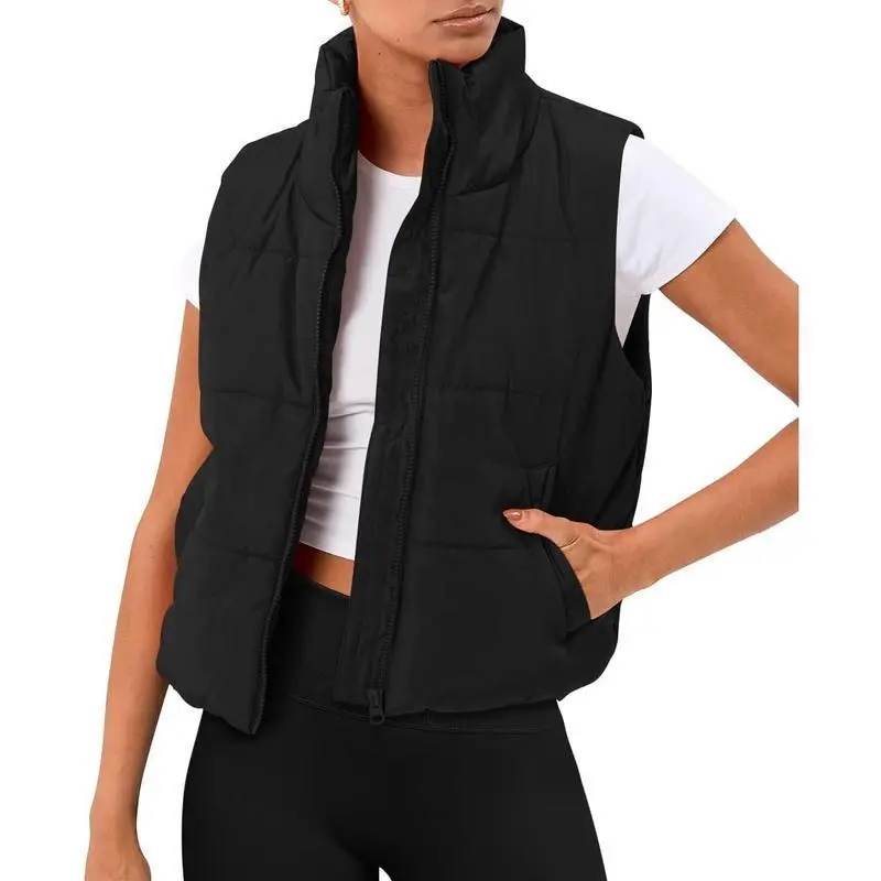 Lady's Casual Cropped Down Fill Puffer Vest, Lightweight Winter Outerwear with Stand-Up Collar and Padded Pockets, Multi-size, Outdoor Sports, Clothes, Sleeveless, Solid