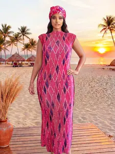 Elegant Striped Robe Set for Women, Lightweight Multi-Color Sleeveless Shawl Dress + Long Headscarf Hairband, Beach Sun Protection Satin Scarf, All Seasons, Casual Wear