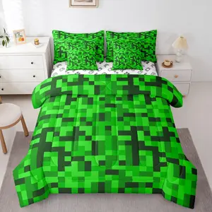 Black Green Pixel Plaid Comforter Bed Set with Sheets,7 Piece Miners Games Checkered Bed Bag,Abstract Camo Grids Bedding Set,Kids Boys Teen,Gaming Bed Set