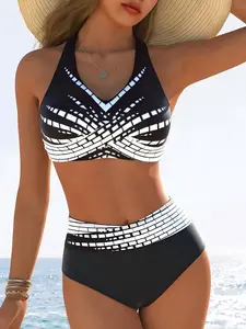Women's High Waist Geometric Bikini Set, Wireless Bra, Printed Design with Criss Cross Detail, Criss Cross Swimsuits, High Stretch Fitted Style Fit, Flexible Sports Wear, Two-Piece Swimsuit