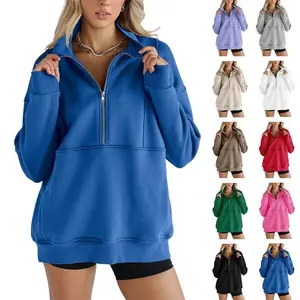 Fleece Half-Zip Sweatshirt - Women's Stand Collar Thumbhole Pullover | Oversized Pocket Top