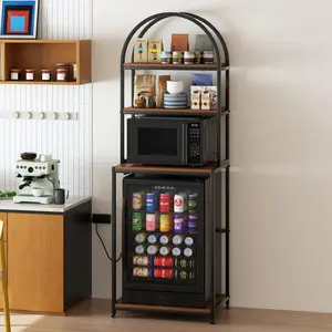 Mini Fridge Stand, 4-Tier Mini Fridge and Microwave Storage Cabinet with Outlet and Wheels, Stable Durable Metal Frame Bakers Rack for Home Office Dorm Kitchen summerwins