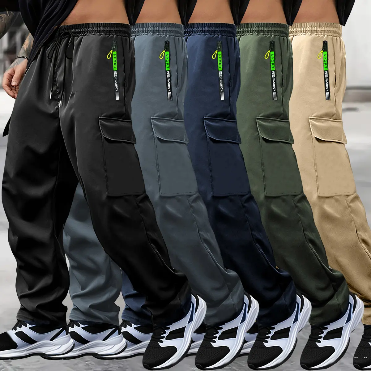 Men's 5pcs Extra-Large Athletic Cargo Joggers - Light, Button-Free, Fashion Men's Pants with Zippered Multi-Pocket Design for Outdoor, Casual Summer Work Use, Athletic Joggers