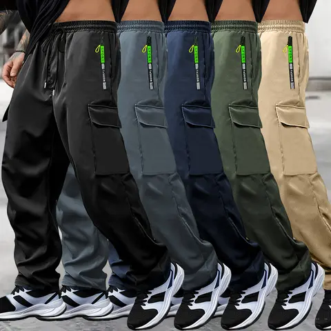 Men's 5pcs Extra-Large Athletic Cargo Joggers - Light, Button-Free, Fashion Men's Pants with Zippered Multi-Pocket Design for Outdoor, Casual Summer Work Use, Athletic Joggers