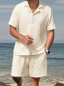 Lightweight Breathable Men's Casual Set Embossed Pattern Detail Short Sleeve Button Up Shirt and Loose Fit Shorts Ideal for Vacation Getaways and Weekend Leisure Activities Clothes Shortsleeve