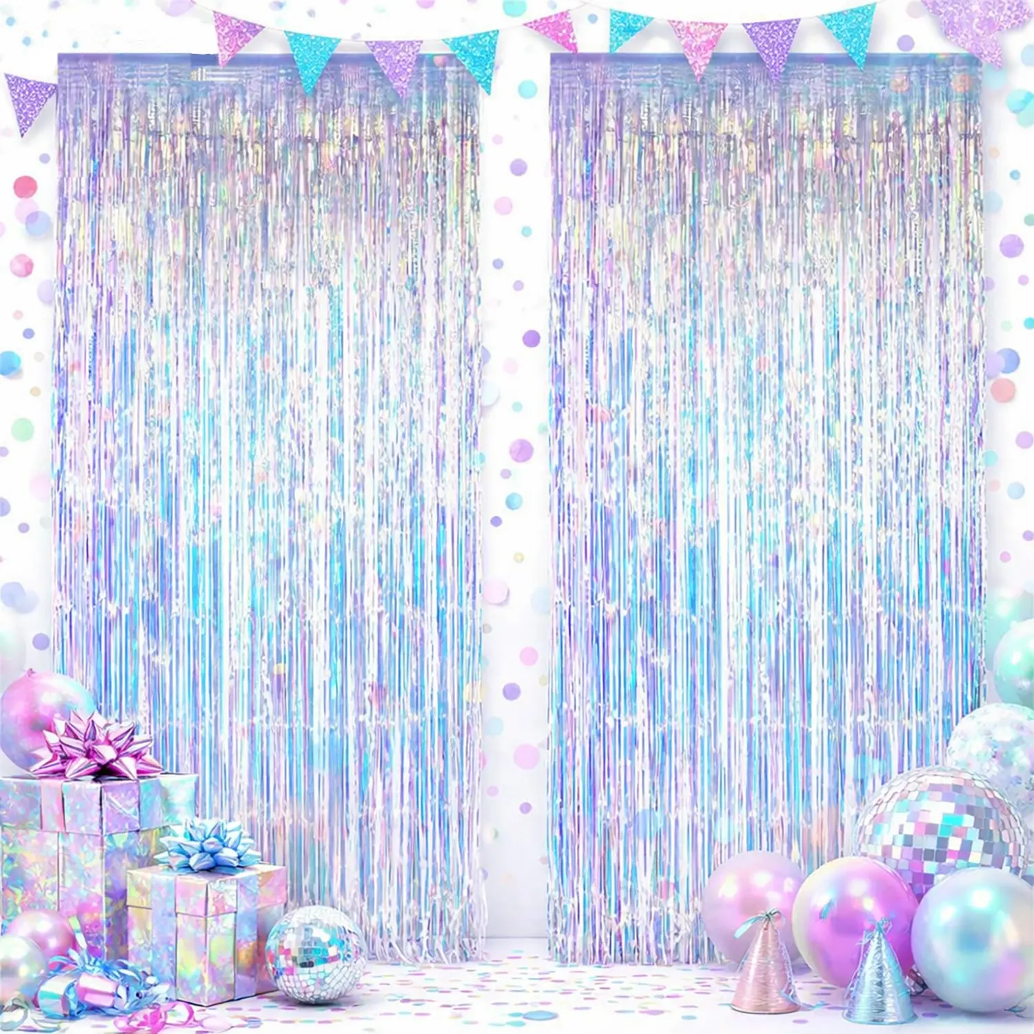2-Pack Iridescent Foil Fringe Curtains, 3.3 x 6.6ft Holographic Tinsel Backdrop for Birthday Decorations, Mermaid, Unicorn Theme Party, Photo Booth Props, Wedding, Baby Shower, Bachelorette Party, Streamers Party Decorations, Party Decoration Supplies