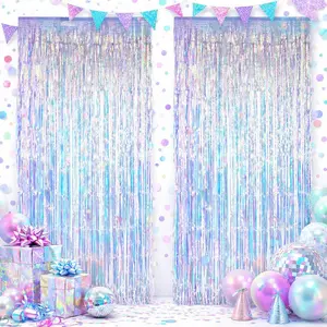 2-Pack Iridescent Foil Fringe Curtains, 3.3 x 6.6ft Holographic Metallic Tinsel Backdrop for Birthday Decorations, Mermaid, Unicorn Theme Party, Photo Booth Props, Wedding, Baby Shower, Bachelorette Party