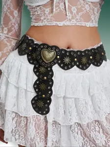 Women's Vintage Ethnic Pattern Heart Rivet Decor Belt, Fall Outfits, Fall Freshness, Boho Waistband for Jeans & Short Skirt, Fashion Belt for Party, Daily Clothing Decor kelly belt Bohemian solid color wide belt western style,gifts for girl