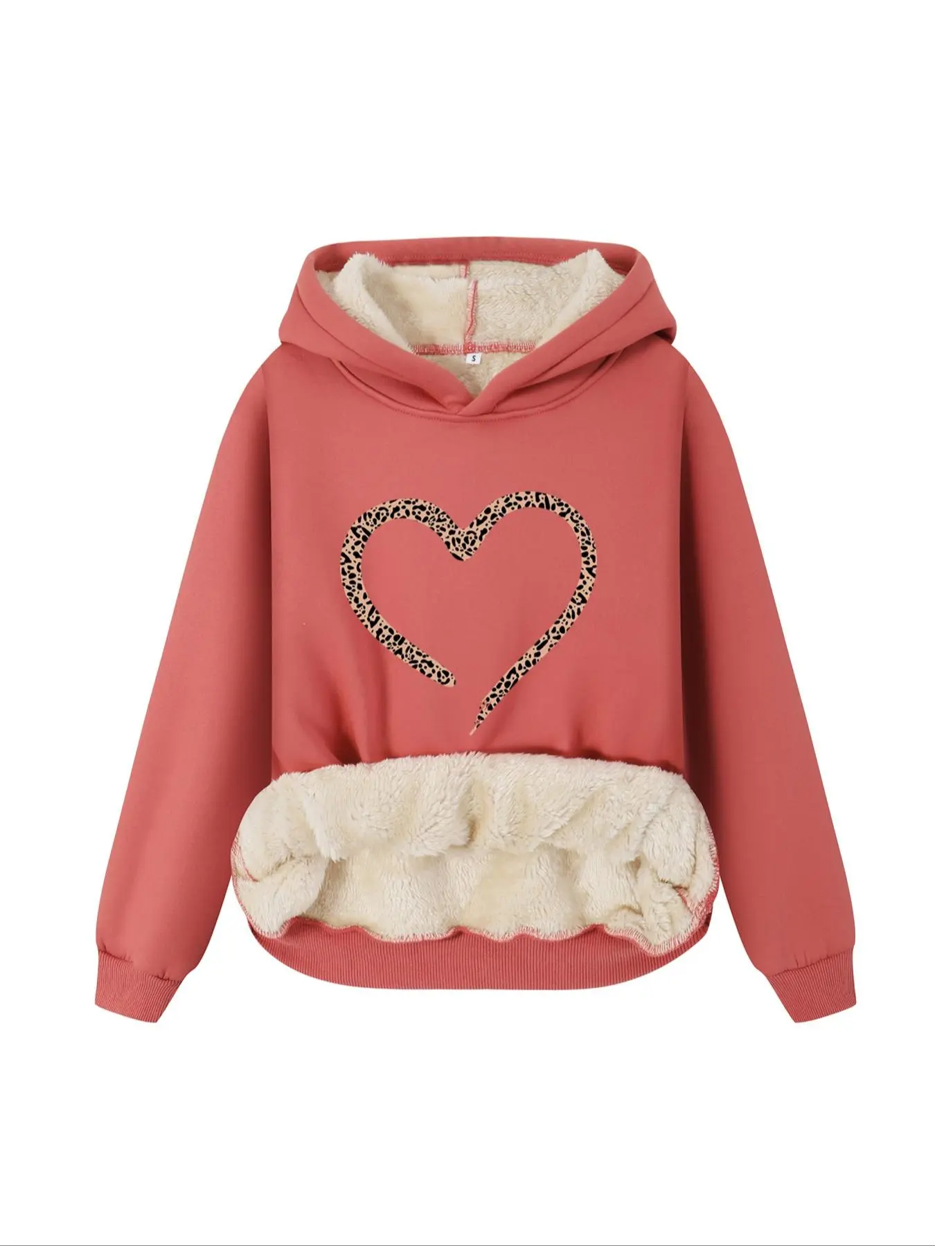 Women's Leopard Liner Heart Print Plush Lined Soft Fitted Hoodie, Fashion Hoodies, Casual Long Sleeve Hooded Pullover Sweatshirt, Wearable Hooded Sweatshirt for Fall & Winter, Ladies Clothes for Daily Wear