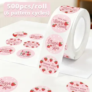 500 Strawberry Thank You Stickers Per Roll, Round Self-Adhesive Graffiti Stickers, Bakery Gift Packaging Decorative Waterproof Labels, Floral Pattern Sticker