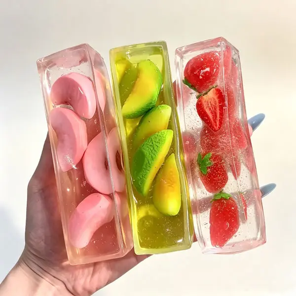 Long Bar Fruit Squishy Squeeze Toy with Embedded Strawberry Peach Cantaloupe Slices, Soft TPR Anxiety Relief Fidget Toy for Kids Adults Desktop ASMR Stress Relief Toy