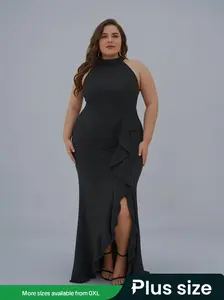 Plus Size Ruffle Trim Split Thigh Mermaid Dress, Elegant Chic Halter Neck Sleeveless Evening Party Formal Gown, Women's Formal Wear Clothes for All Seasons Womenswear