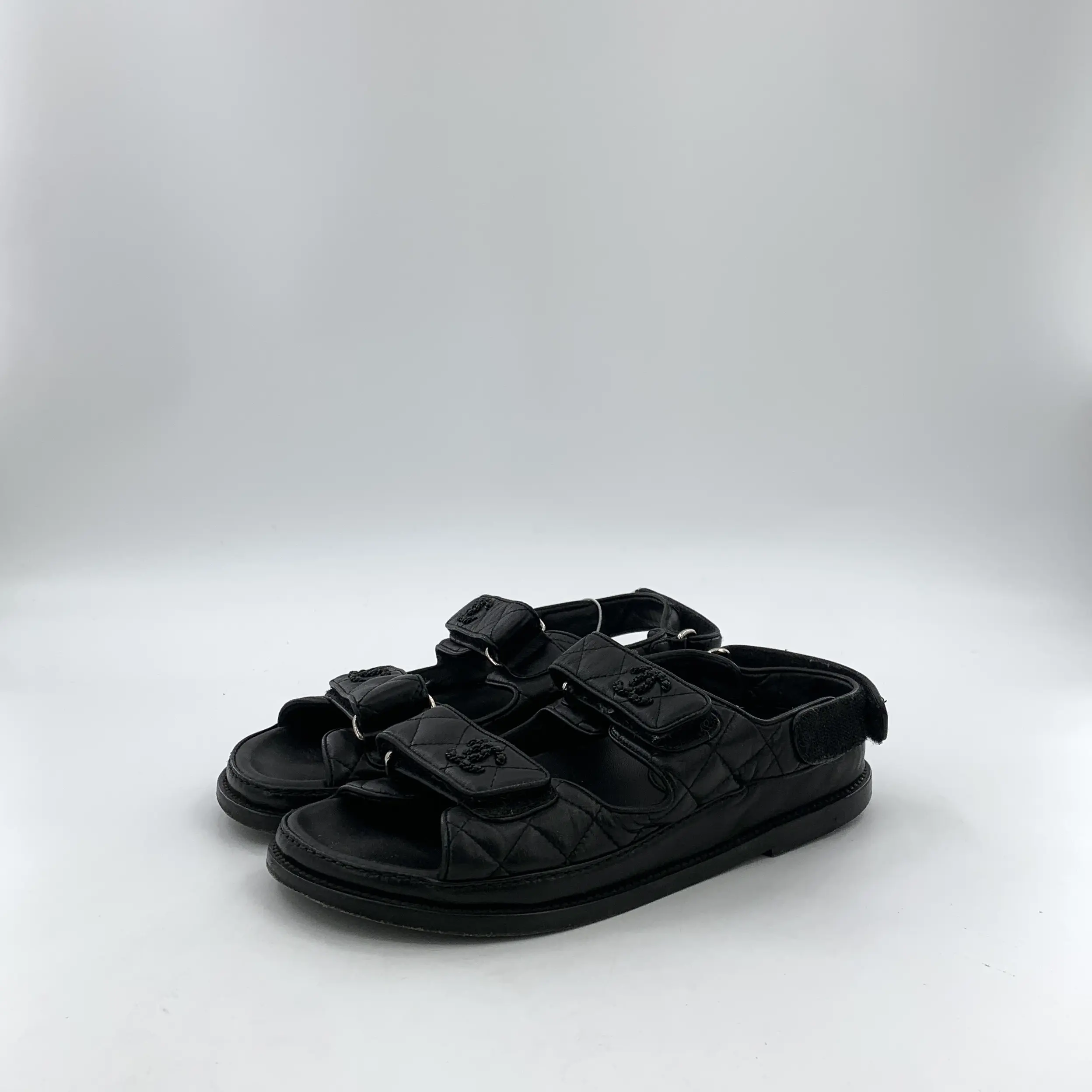RDLTS— Chanel Black Logo Velcro Slide Sandals Size US 7.5