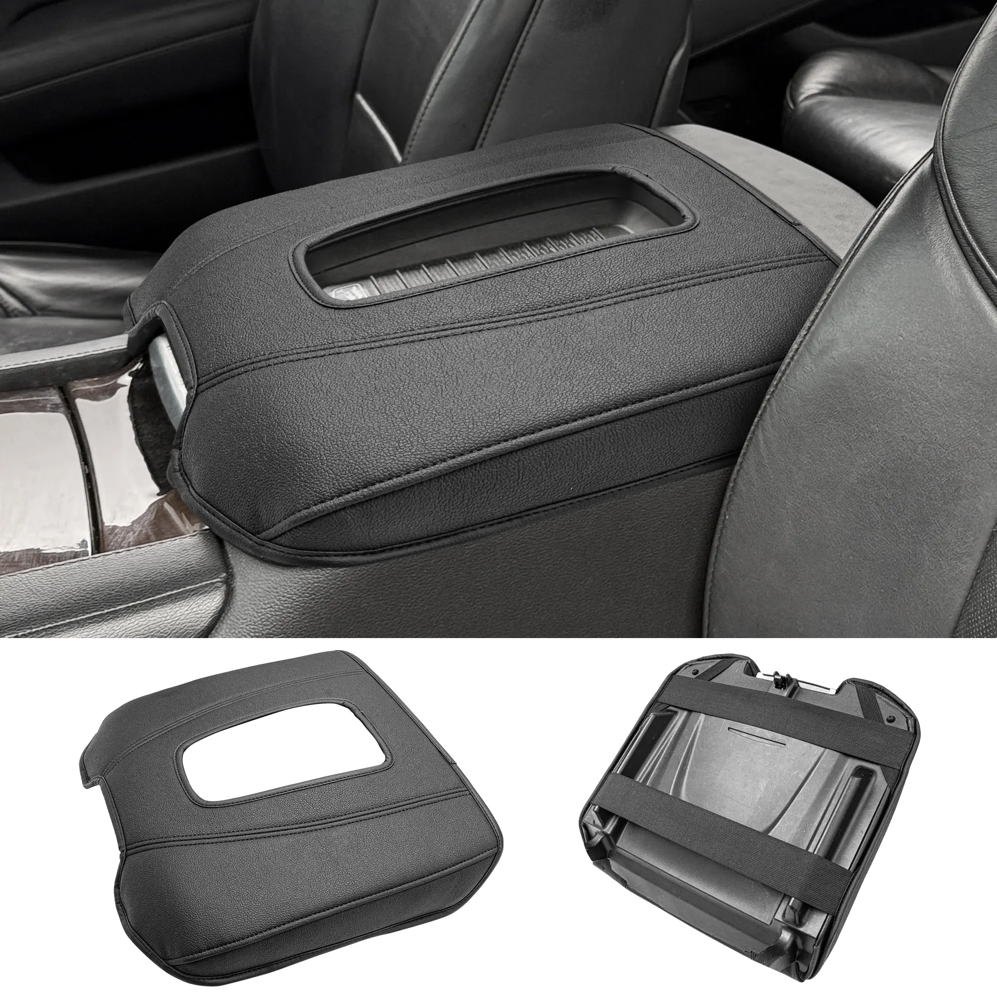 PU Leather Center Console Armrest Cover - OEM Fit, Custom-Sized for 2015-2020 Cadillac Escalade, Stable & Slip-Resistant Anti-Scratch Thick Middle Console Lid Protector Cushion, Black, Elastic Bands, Thick Pad