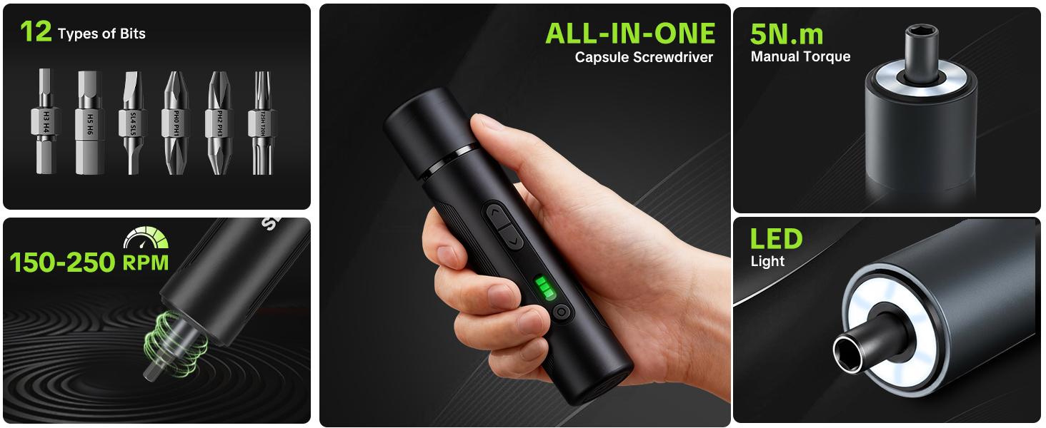 SEESE 6-in-1 Electric Screwdriver with 250 RPM Motor, 3 Torque Settings, 1.2 to 5 N·m, 6-Piece Set Bits , LED Light , 1500 mAh Rechargeable Cordless Screwdriver Set for Furniture, Household Multipurpose Tool Repair backtoschool