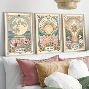 3pcs Retro Sun Star Moon Tarot Art Prints Retro Plant Wall Art Vintage Wall Art Decorative Wall Art Bohemian Floral Canvas Poster Celestial Wall Decoration, Artwork, Astrology Gift for Home Decoration, Frameles