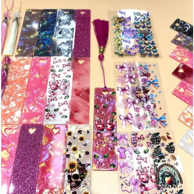 Love Heart Hole Flat Marble Glitter Bookmarks with Colorful Tassels DIY Crafts for Students and Teachers Plastic Material summerwins