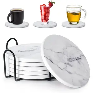 Absorbent Coasters for Drinks,Ceramic Coaster Set of 6 with Holder, Durable Cup Coaster for Coffee Table with Cork Base for Table Protection, Housewarming Birthday Gifts, Home Decor (White Marble)