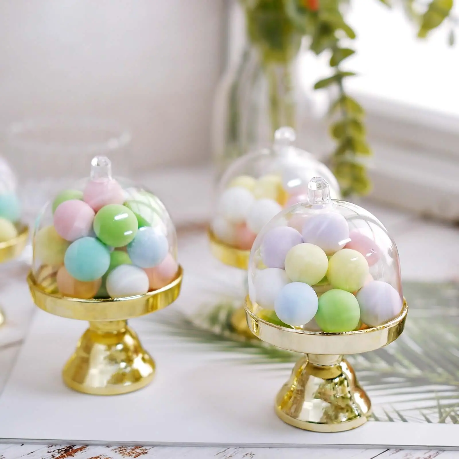 12-Pack Plastic Fillable Mini Pedestal Candy Boxes with Dome Lid (4in), Decorative Wedding Favors Candy Display Containers, Some Assembly Required