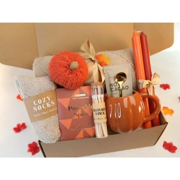 Fall Gift Basket, Pumpkin Candle & Cozy Blanket - October Gift Box, Autumn Present