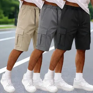 3-pack men’s summer cargo shorts with elastic drawstring waist, multiple side pockets, loose knee-length fit, quick-dry, breathable, wrinkle-resistant, lightweight, practical—ideal for street style, hiking, travel, and beach.