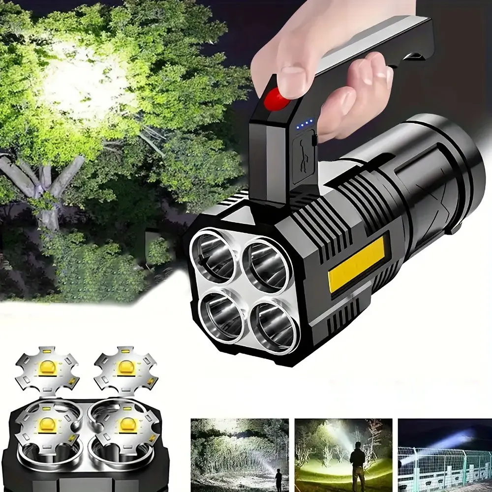 Rechargeable Flashlight, Portable Rechargeable Lighting, 4LED Flashlights with COB Floodlight and Power Display, 4 Modes, High Lumen Brightness, for Camping, Traveling, Fishing, Emergency Situations