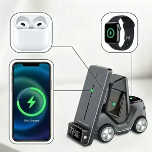 5-in-1 Wireless Charger with Digital Clock Display & RGB Night Light, Car Design Phone Stand Desktop Charging Station, Home Office Desk Organizer Gift