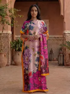 Women's Spring Summer Floral Pattern Robe & Thin Loose Fit Shawl Set, Casual Beach Sun Protection Beach Coverup Satin Scarf