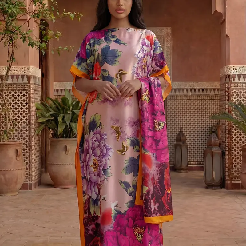 Women's Spring Summer Floral Pattern Robe Set, Thin Loose Fit Shawl Scarf, Casual Beach Sun Protection Satin Silk Scarf