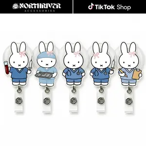 Cute Bunny Blue Nurse Scrubs Badge Reel Retractable Set Kawaii Cartoon Acrylic ID Card Holder For Medical Nursing Students Hospital Uniform Gift