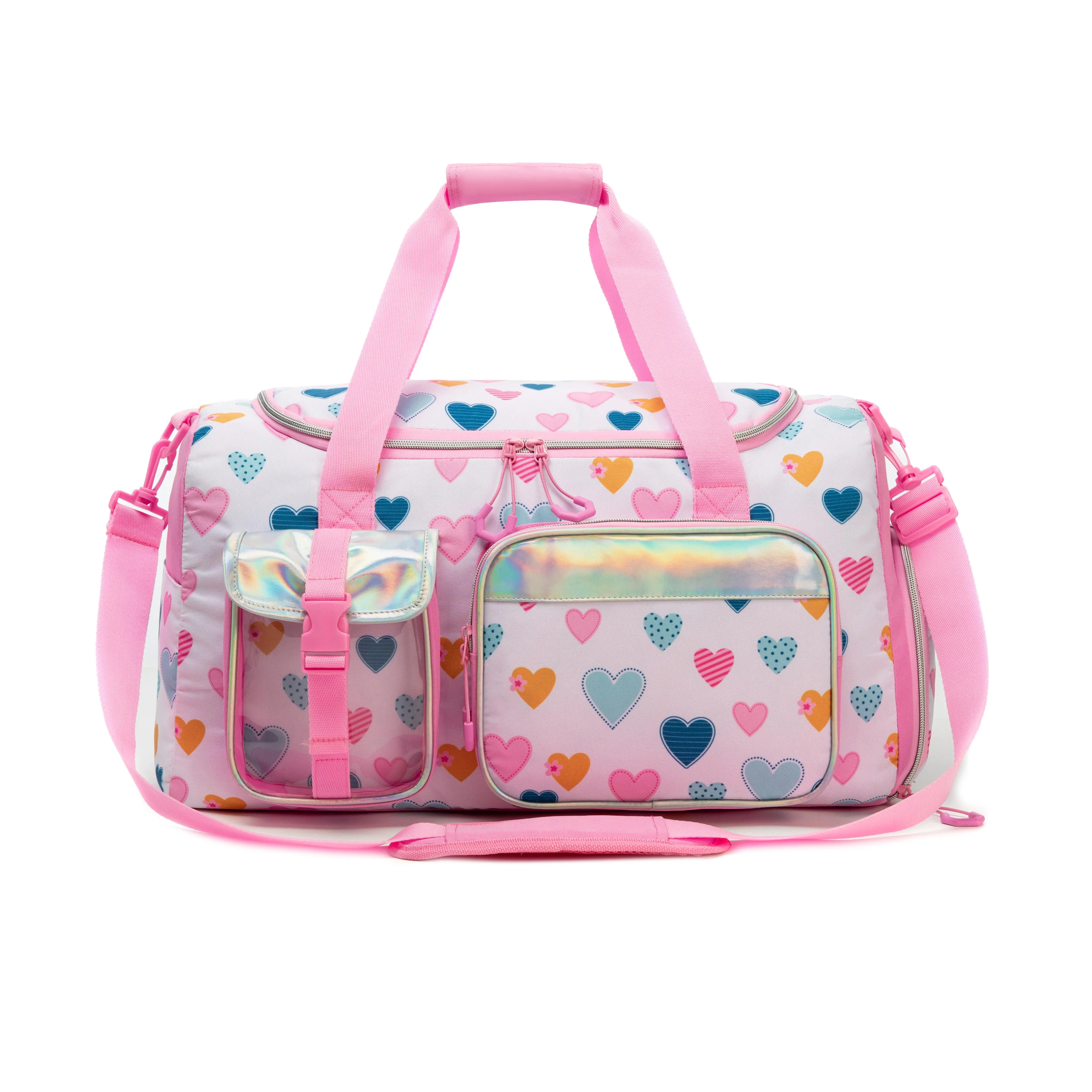 Girls' Heart Pattern Duffle Bag, Soft Pastel Waterproof Weekender for Sleepovers & Travel with Holographic Pockets & Fully Adjustable Crossbody Strap, Duffel Bag, Adjustable Strap
